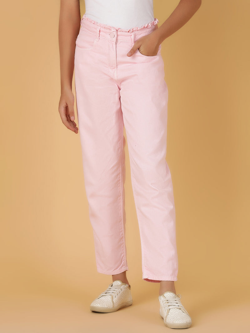 Girls Pink Solid Cotton Jeans