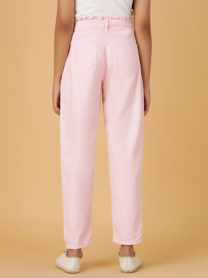 Girls Pink Solid Cotton Jeans