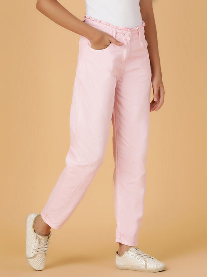 Girls Pink Solid Cotton Jeans