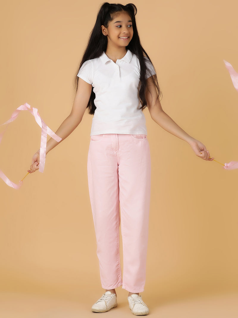 Girls Pink Solid Cotton Jeans