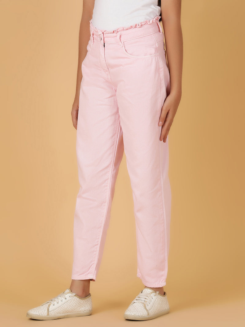 Girls Pink Solid Cotton Jeans