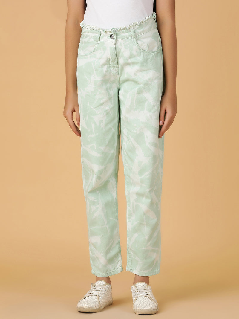 Girls Mint Green Tie & Dye Cotton Jeans