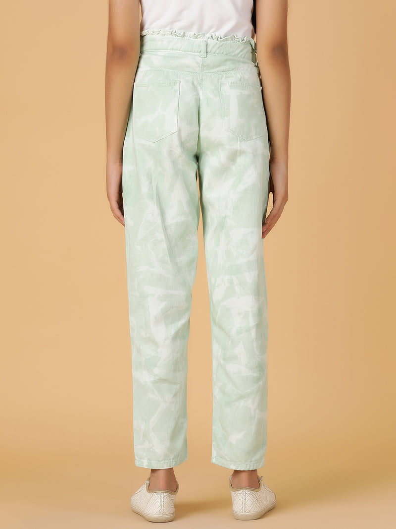 Girls Mint Green Tie & Dye Cotton Jeans