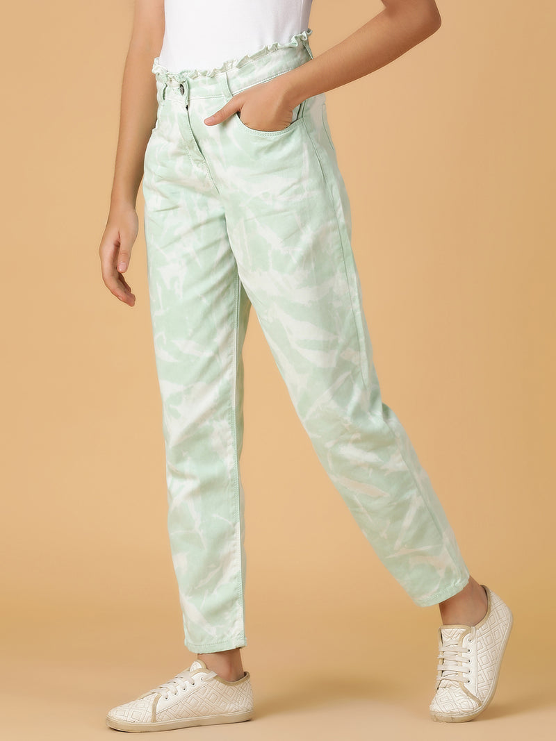 Girls Mint Green Tie & Dye Cotton Jeans