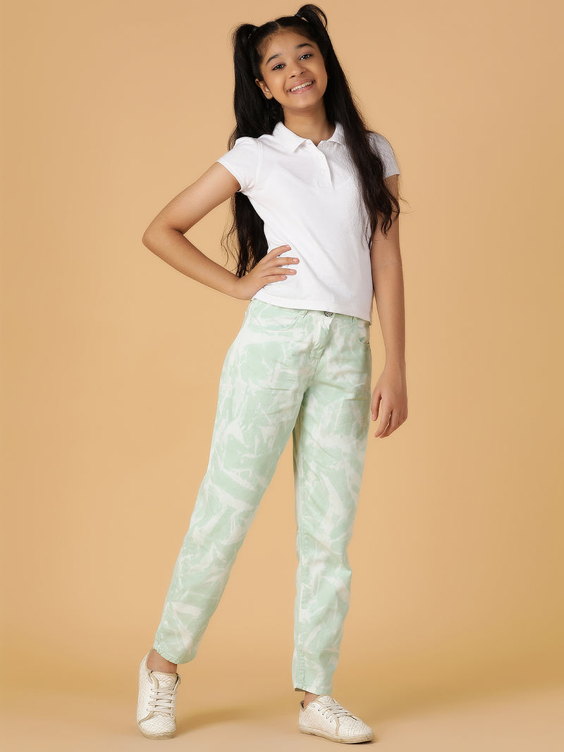 Girls Mint Green Tie & Dye Cotton Jeans