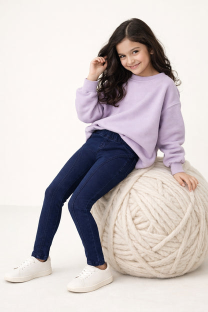 Girls Dark Blue Solid Lycra Jeggings