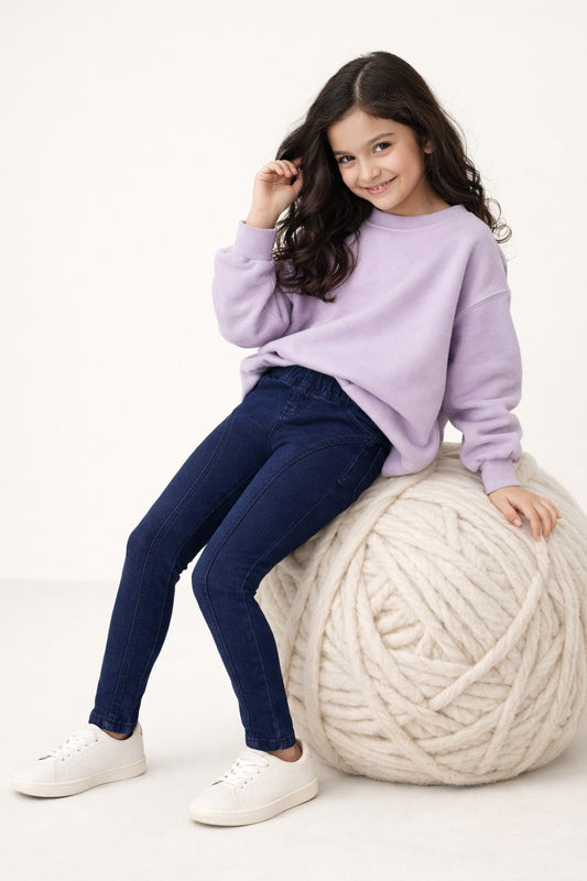 Girls Dark Blue Solid Lycra Jeggings