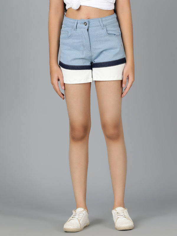 Girls Light Blue Lycra Solid Casual Shorts