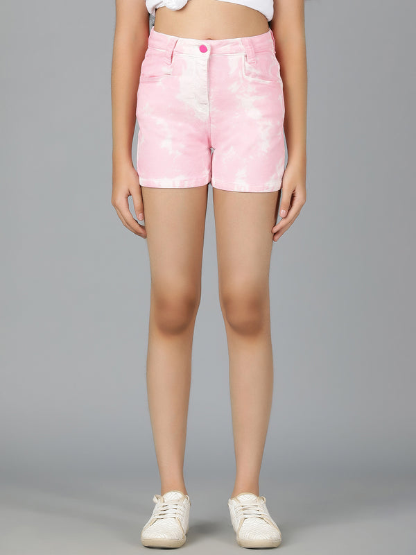 Girls Pink Tie & Dye Cotton Casual Shorts