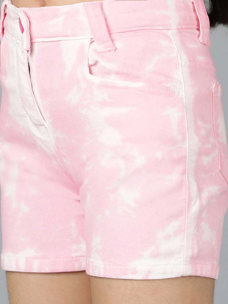 Girls Pink Tie & Dye Cotton Casual Shorts