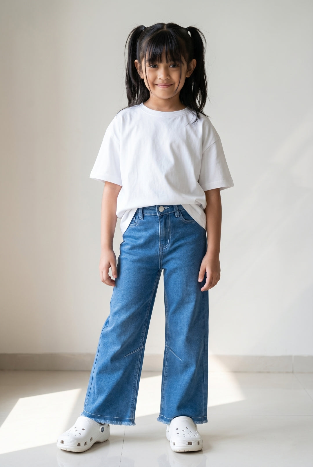Girls Blue Solid Cotton Bootcut Jeans