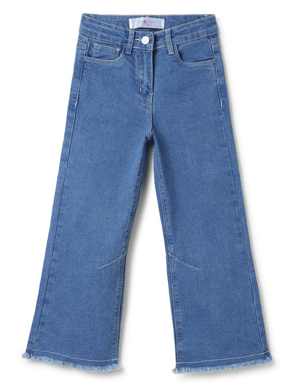 Girls Blue Solid Cotton Bootcut Jeans