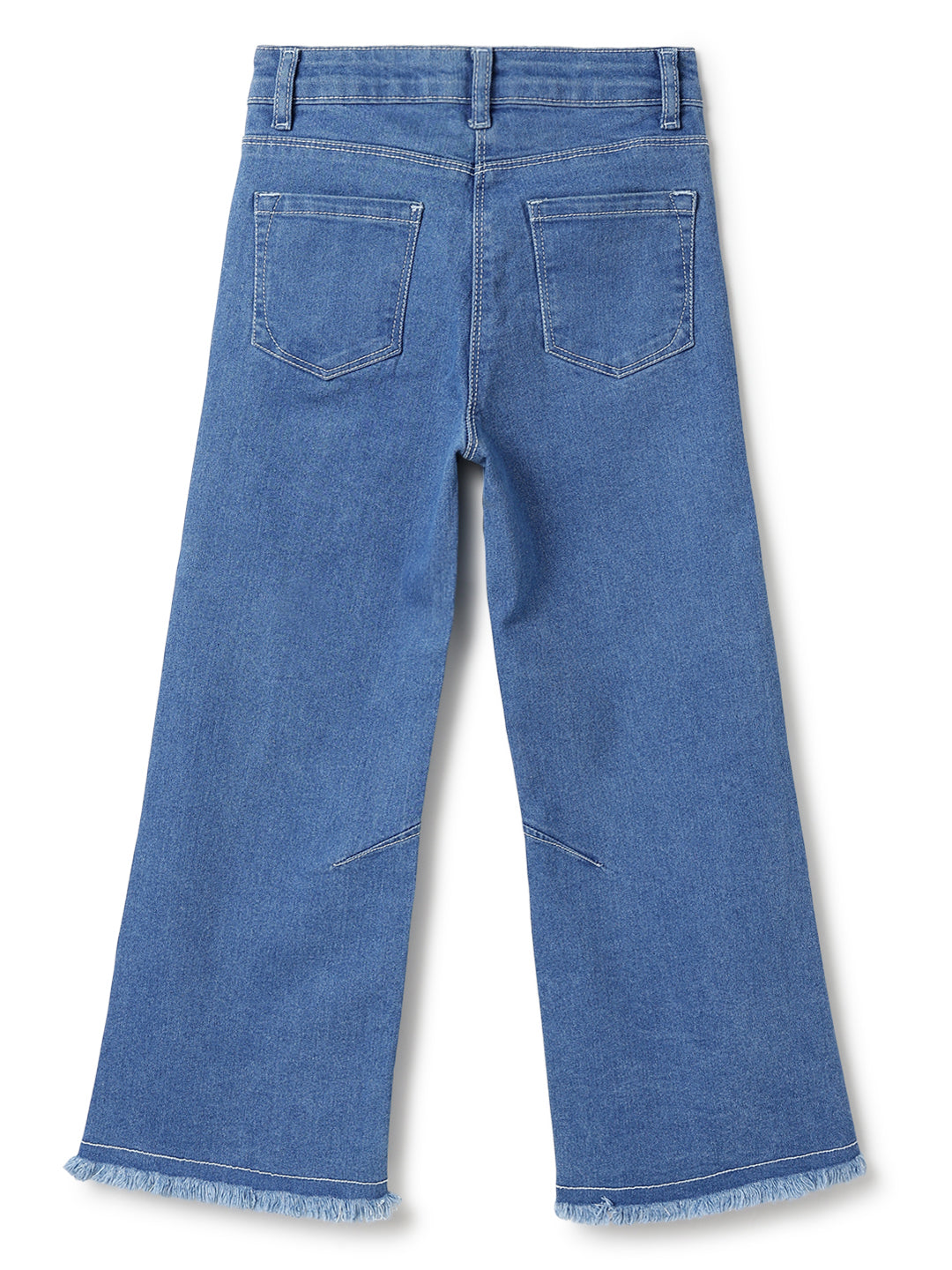 Girls Blue Solid Cotton Bootcut Jeans