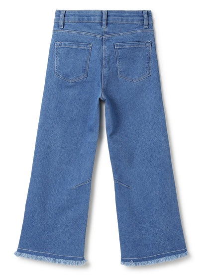 Girls Blue Solid Cotton Bootcut Jeans