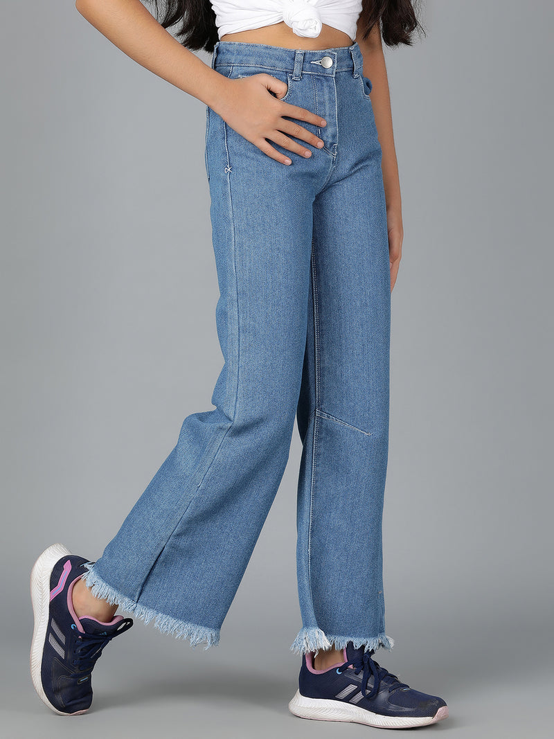 Girls Blue Solid Cotton Poly Bootcut Jeans