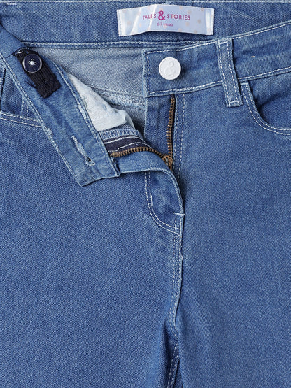 Girls Blue Solid Cotton Bootcut Jeans