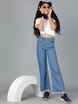 Girls Blue Solid Cotton Poly Bootcut Jeans