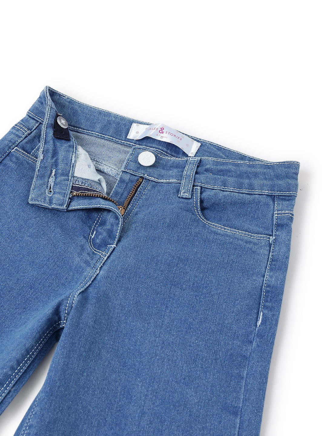 Girls Blue Solid Cotton Bootcut Jeans