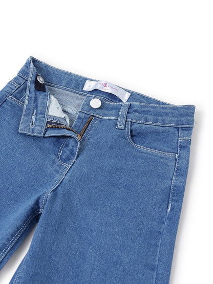 Girls Blue Solid Cotton Bootcut Jeans