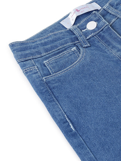 Girls Blue Solid Cotton Bootcut Jeans