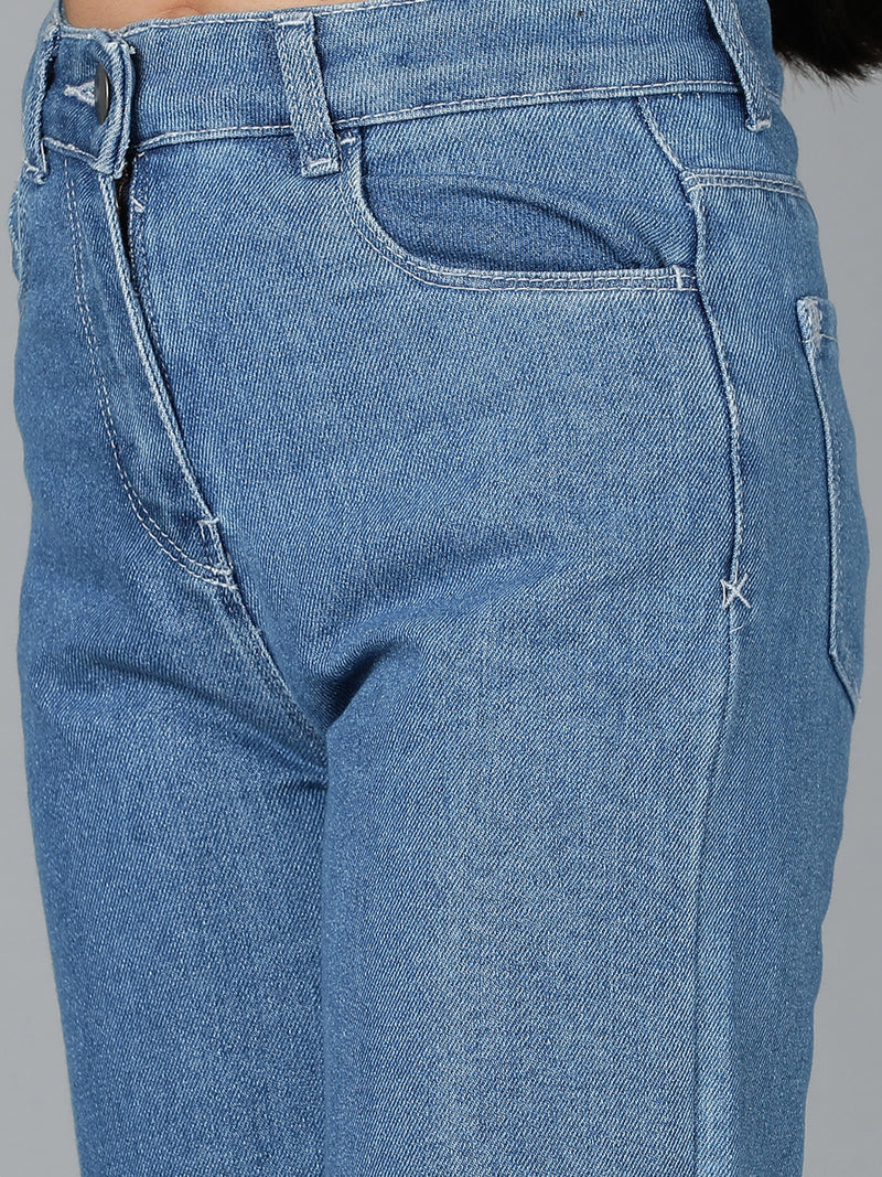 Girls Blue Solid Cotton Poly Bootcut Jeans