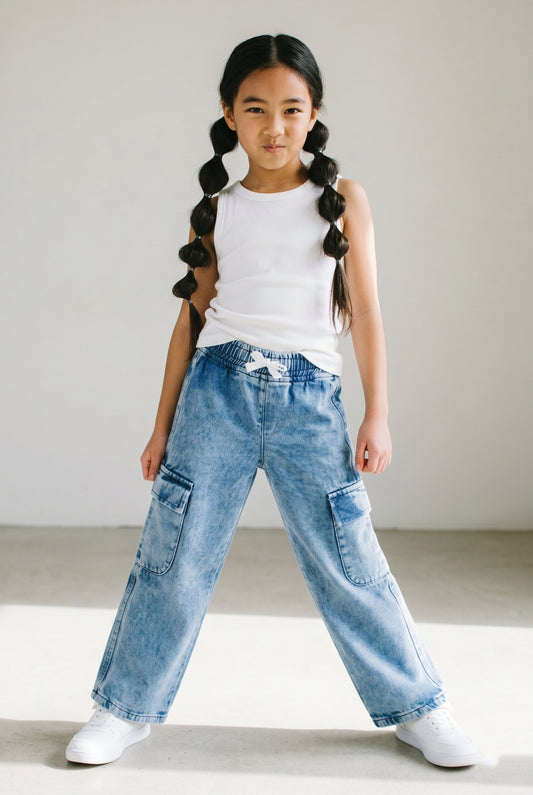 Girls Denim Light Blue Wide Leg Cargo Jeans