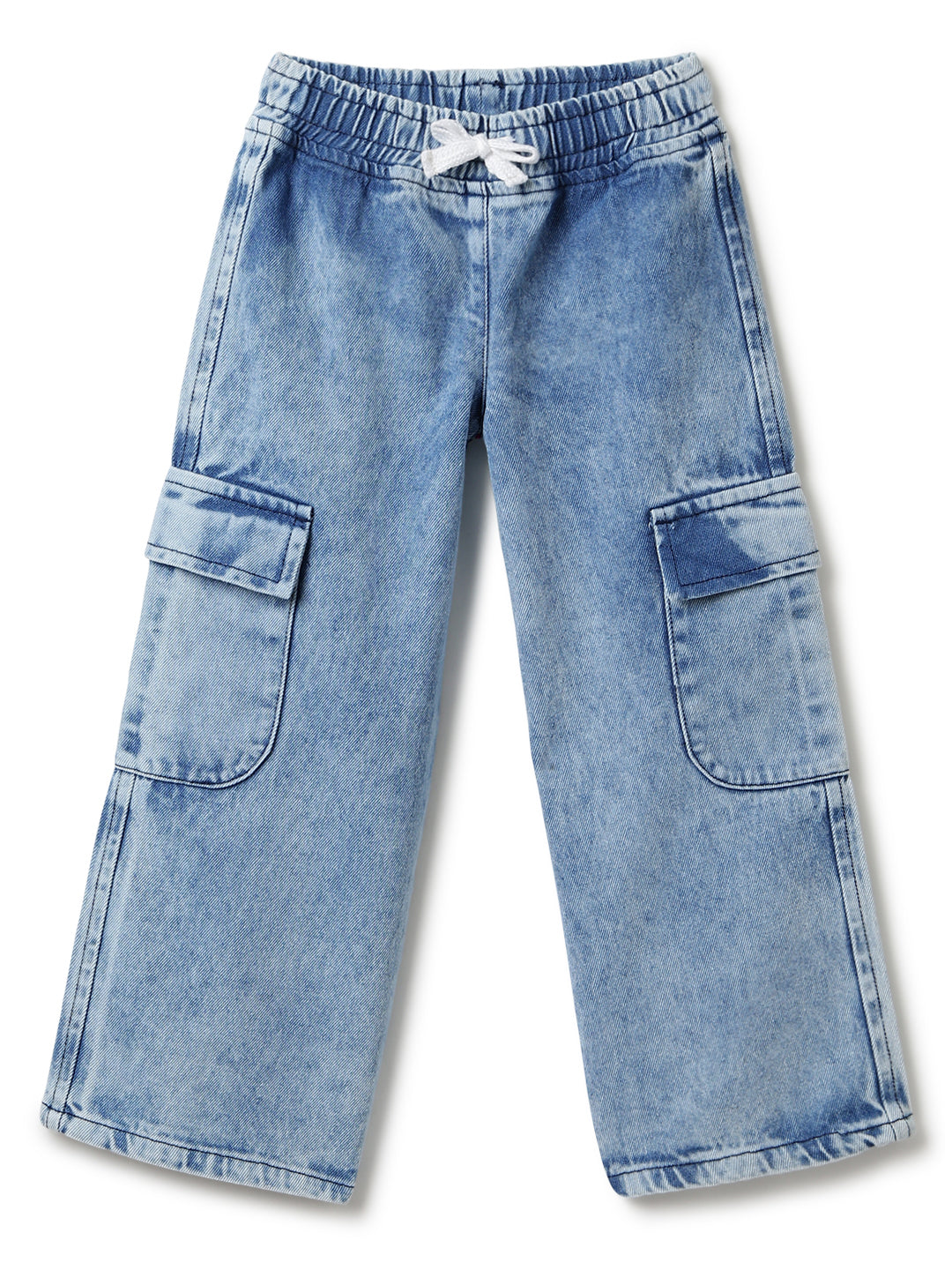 Girls Denim Light Blue Wide Leg Cargo Jeans