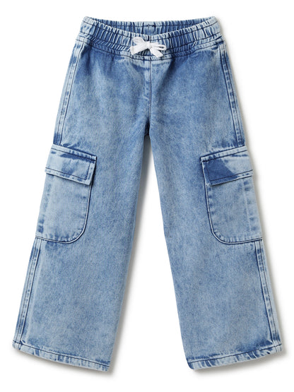 Girls Denim Light Blue Wide Leg Cargo Jeans