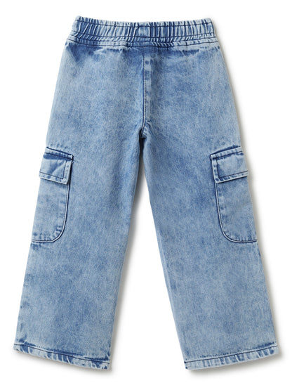 Girls Denim Light Blue Wide Leg Cargo Jeans