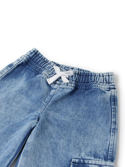 Girls Denim Light Blue Wide Leg Cargo Jeans