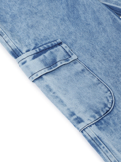 Girls Denim Light Blue Wide Leg Cargo Jeans