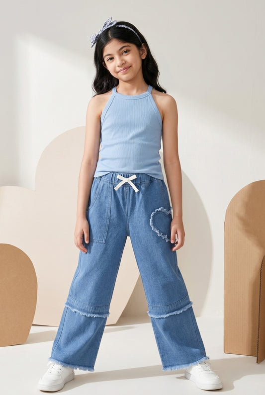 Girls Light Blue Wide Leg Denim Jeans