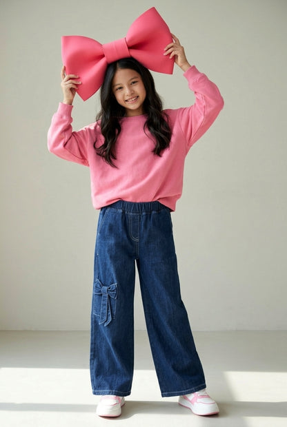 Girls Dark Blue Wide Leg Denim Jeans