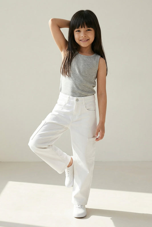 Girls White Barrel Fit Casual Jeans