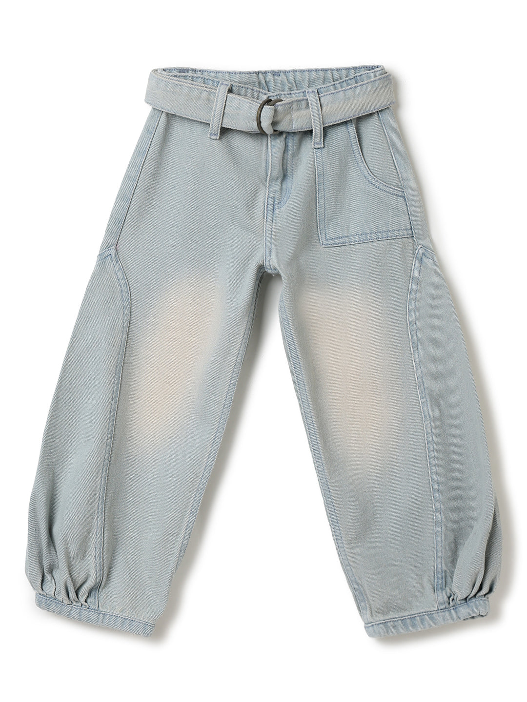 Girls Khakhi Tint Washed Denim Baggy Banana Fit Jeans with Belt