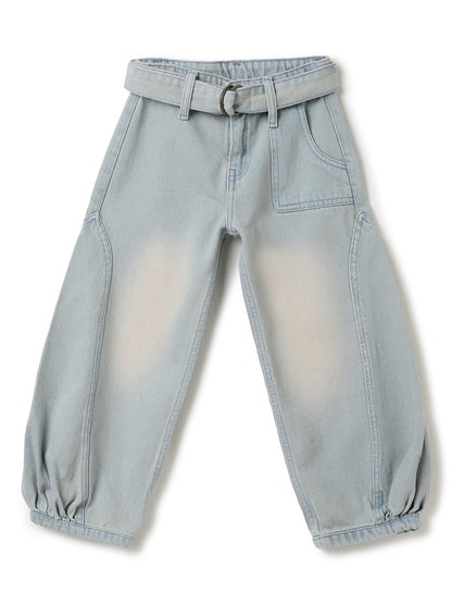 Girls Khakhi Tint Washed Denim Baggy Banana Fit Jeans with Belt