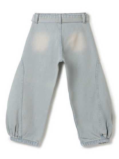 Girls Khakhi Tint Washed Denim Baggy Banana Fit Jeans with Belt