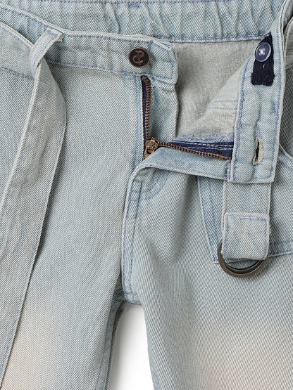 Girls Khakhi Tint Washed Denim Baggy Banana Fit Jeans with Belt