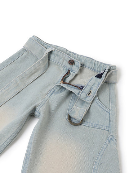 Girls Khakhi Tint Washed Denim Baggy Banana Fit Jeans with Belt