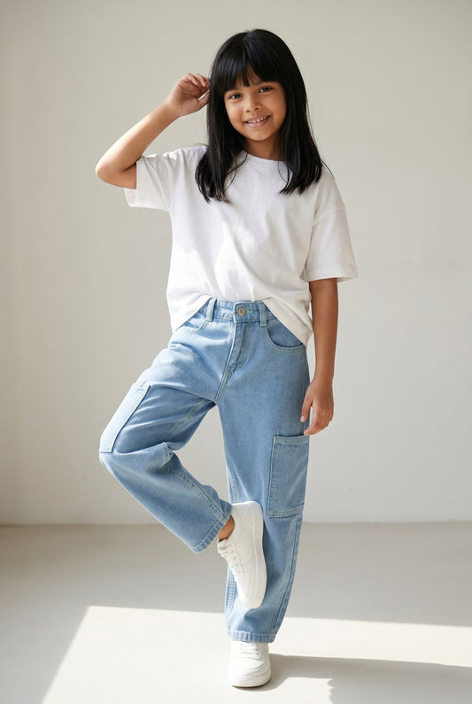 Girls Denim Light Blue Barrel Fit Jeans