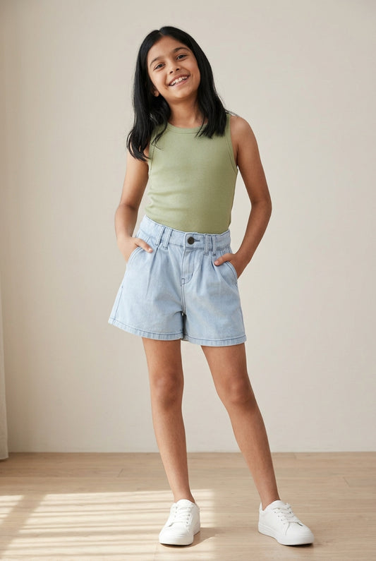 Girls Light Blue Washed Denim Shorts