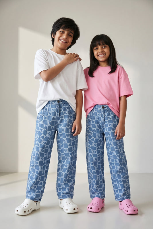 Boys & Girls Light Blue Printed Barrel Fit Denim Jeans