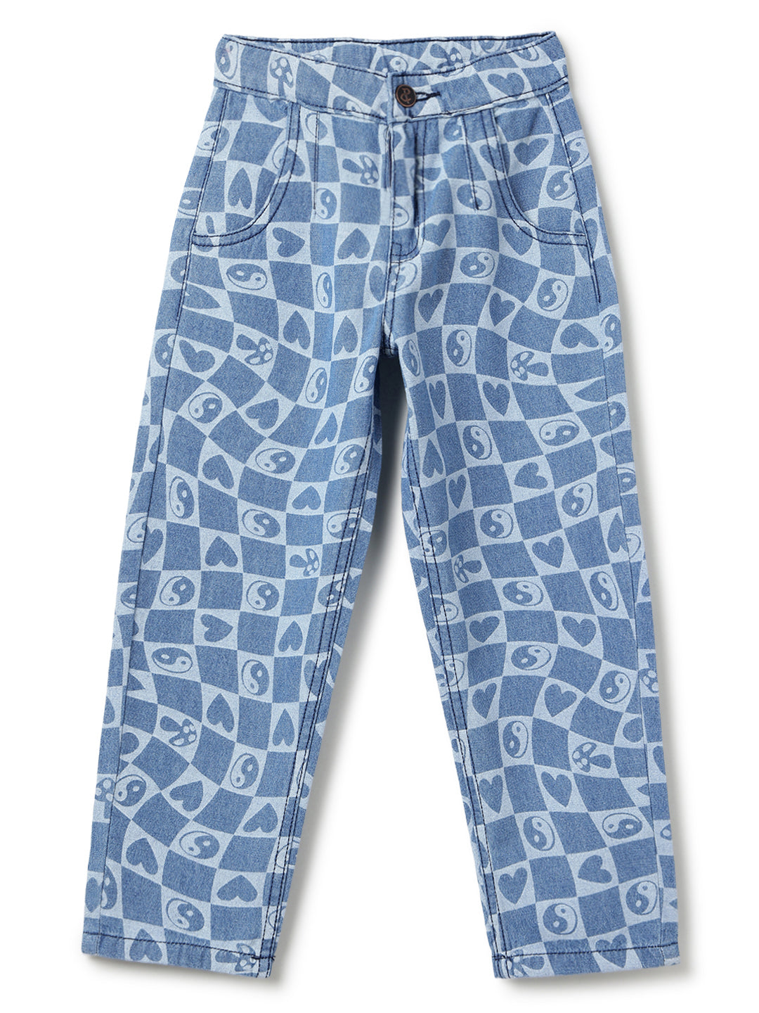 Boys & Girls Light Blue Printed Barrel Fit Denim Jeans
