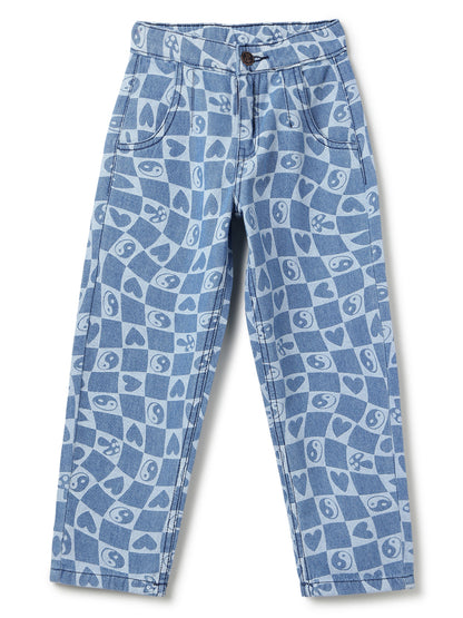 Boys & Girls Light Blue Printed Barrel Fit Denim Jeans