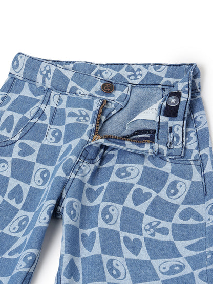 Boys & Girls Light Blue Printed Barrel Fit Denim Jeans