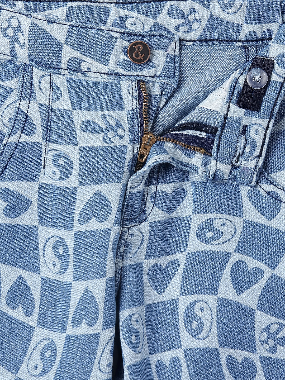 Boys & Girls Light Blue Printed Barrel Fit Denim Jeans