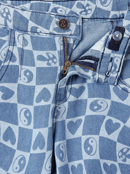 Boys & Girls Light Blue Printed Barrel Fit Denim Jeans