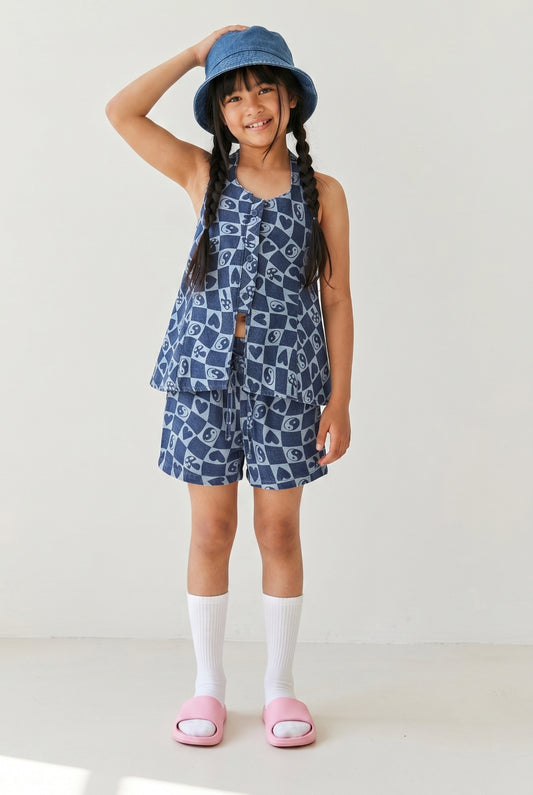 Girls Denim Printed Cotton Top & Shorts Co-ord Set