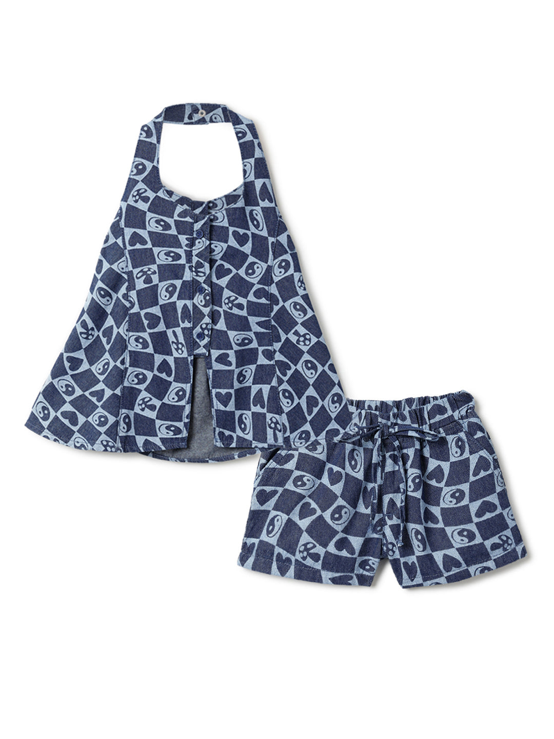 Girls Denim Printed Cotton Top & Shorts Co-ord Set