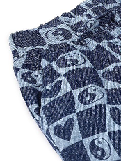 Girls Denim Printed Cotton Top & Shorts Co-ord Set
